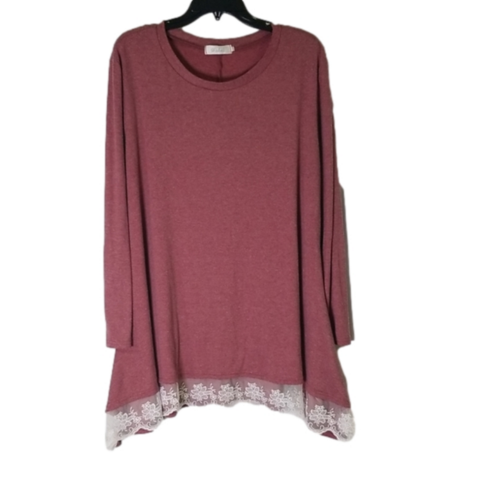 Wekili - Pink Lace Scoop Neck Tunic Blouse